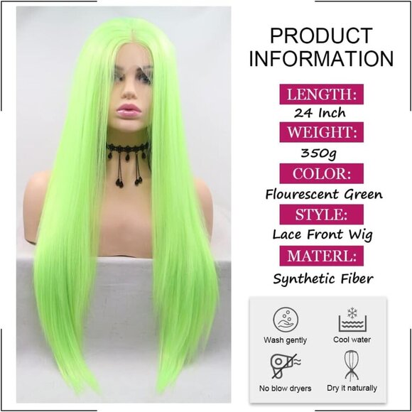 Wig for Women Synthetic Long Straight Neon Green Middle Part Natural Hairline - Picture 3 of 7